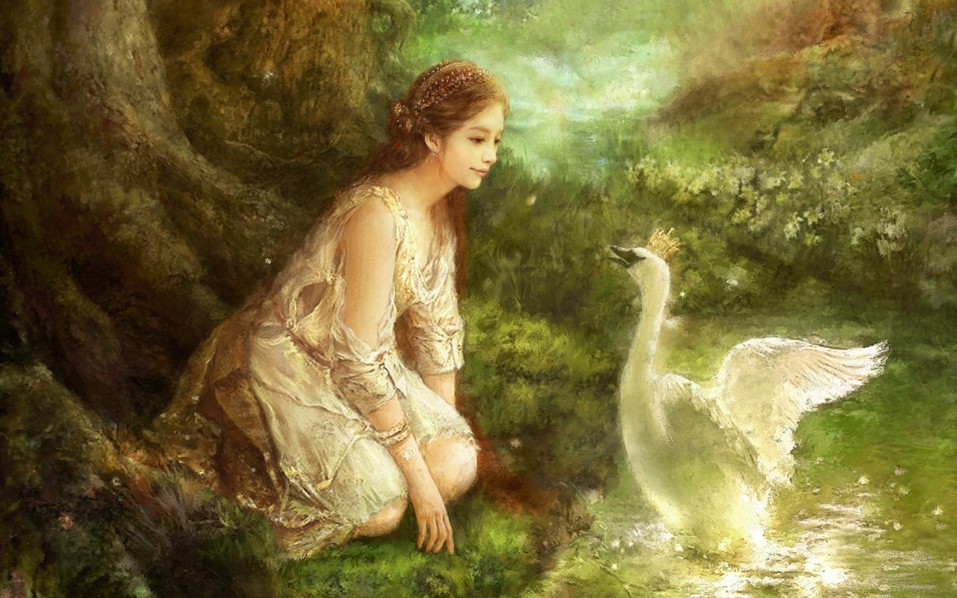 princess forest art oil crown south korea canvas cry swan flower pattern fantasy