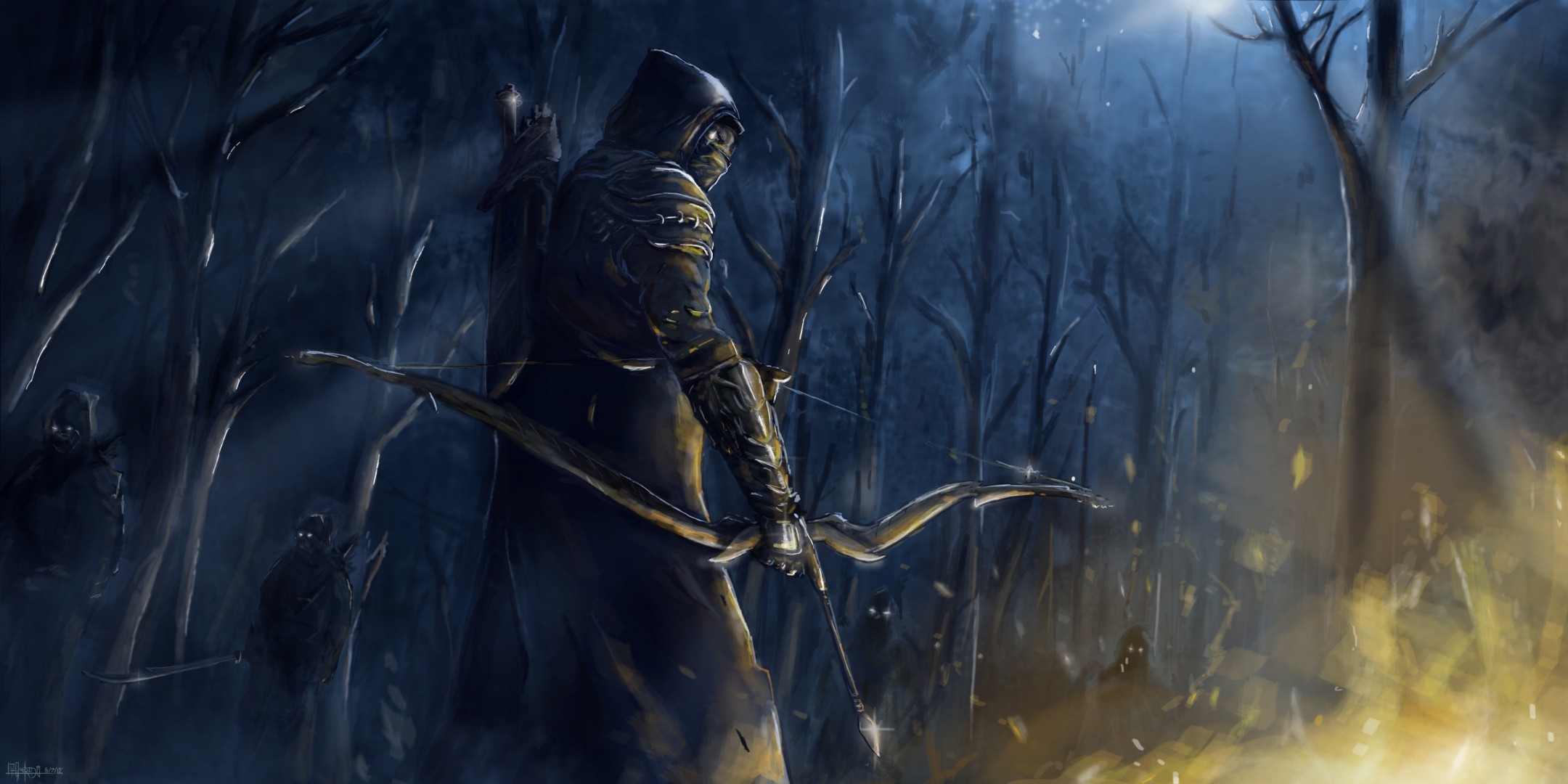 the elder scrolls online arte arma notte arciere arco foresta maschera fuoco persone