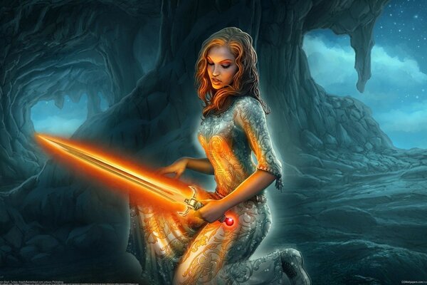 Beautiful girl in rocks with a sword