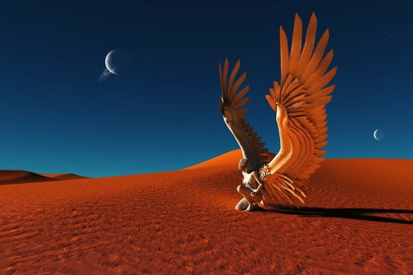 A girl with wings in the desert on the sand