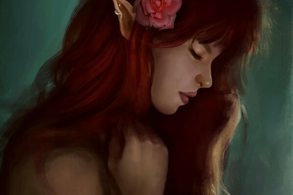 Delicate profile art of an elf girl with a flower and ears in red hair