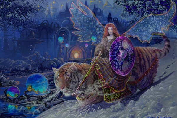3d image of an angel riding a tiger