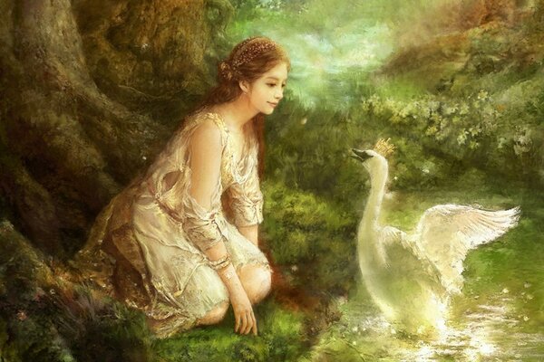Арт лесной принцессы с лебедем