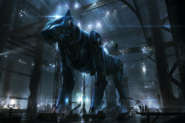 Giant cyborg dog in a hangar with people