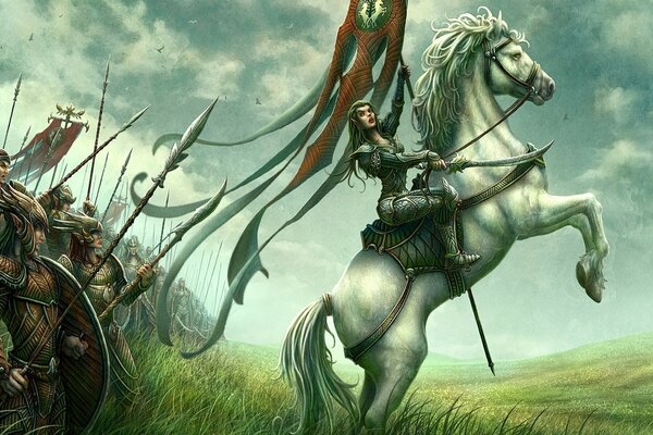 On the battlefield, a rider on a white horse