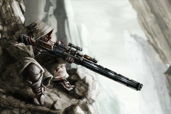 Sniper with a rifle on a rock with prods