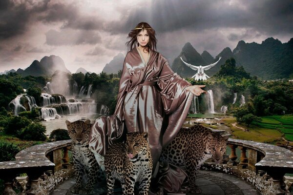 Girl in waterfalls with tigers and birds