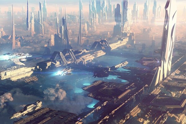 Miasto przyszłości statki na chmurach