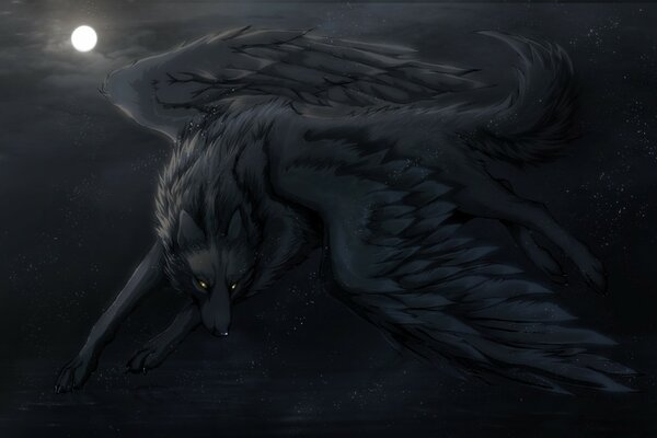 Desktop picture of a wolf with wings on the background of the moon and the night sky