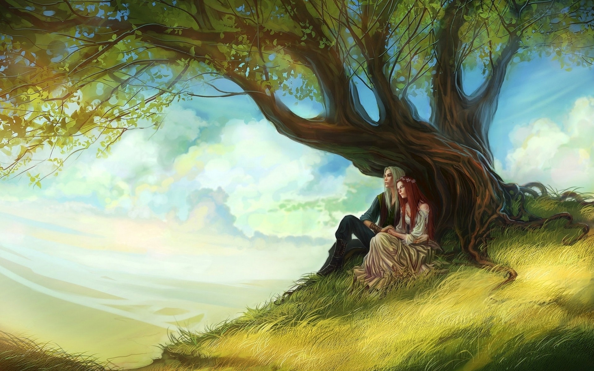 heet art girl tree sky long hair clouds red hair anndr couple man