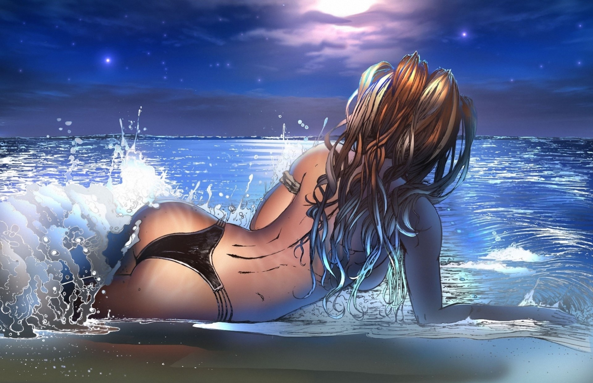 spiaggia notte disegno mare ragazza