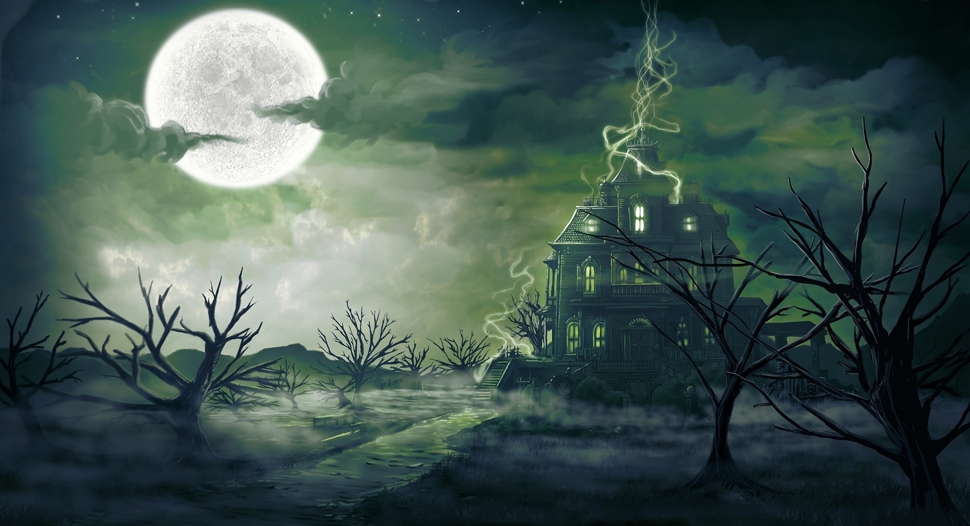 arte paisaje noche árboles niebla digitalinkrod casa luna magia oscuridad