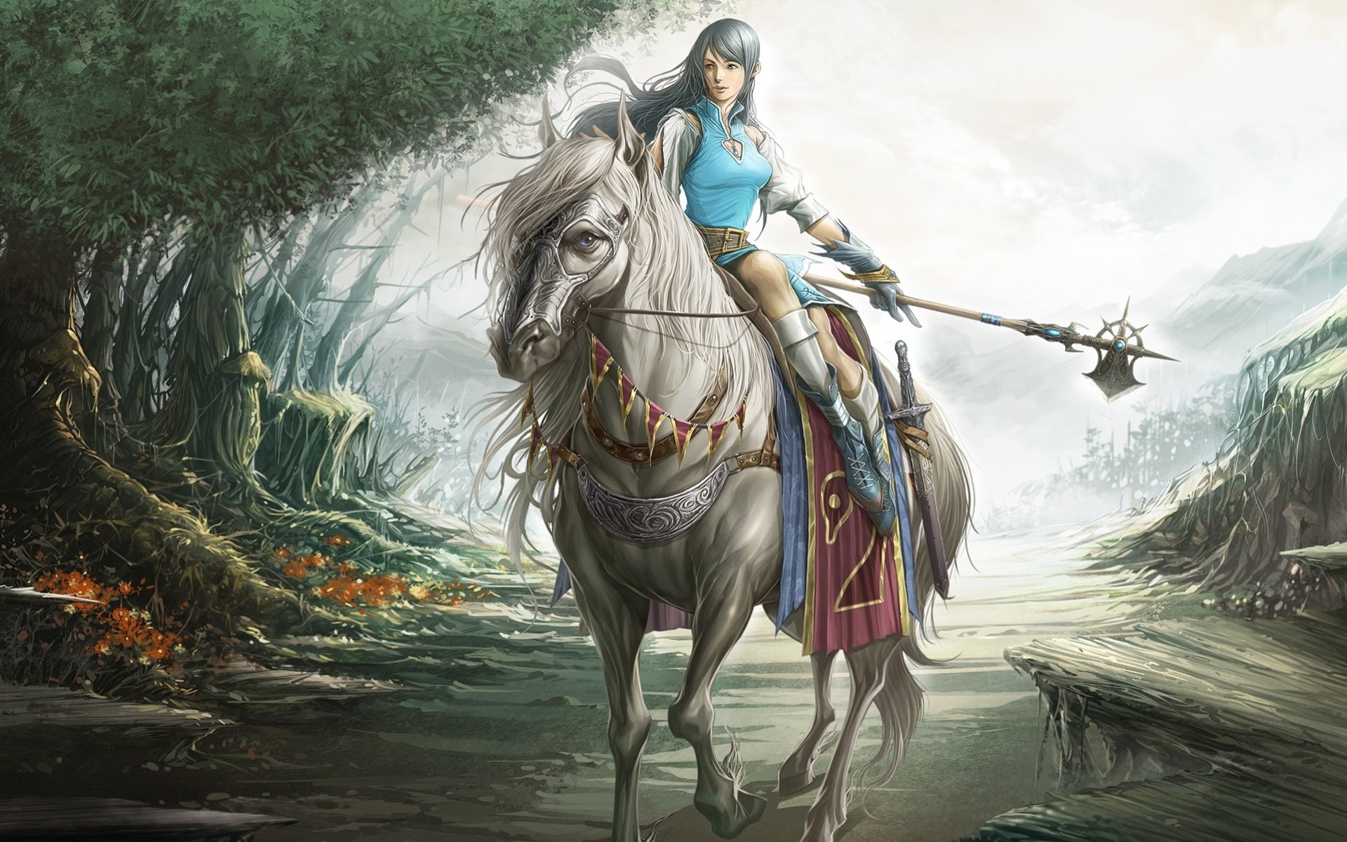 weapon girl forest horse tale sword