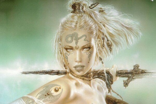 Воительница с татуировками змей и мечом