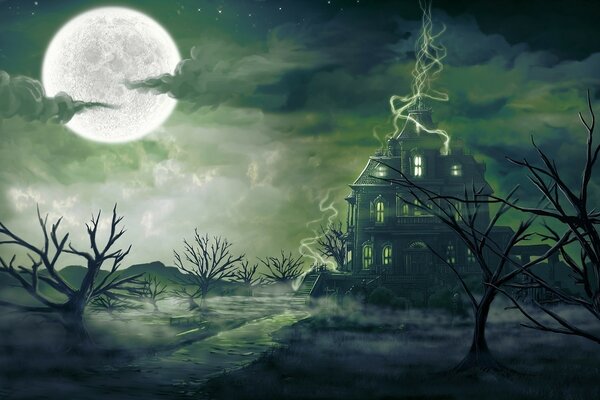 A dark magical landscape with a green moon and a big scary house