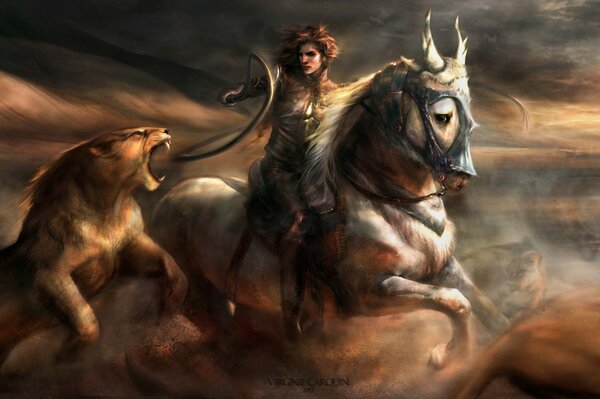 Chica en un caballo con un gato salvaje