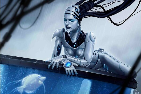 Арт-изображение девушки-робота у аквариума