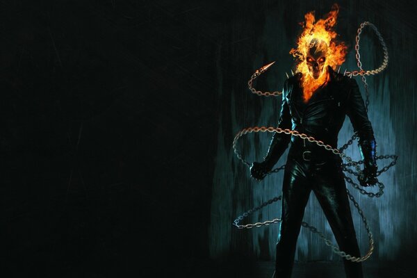 Ghost rider on a dark background on fire