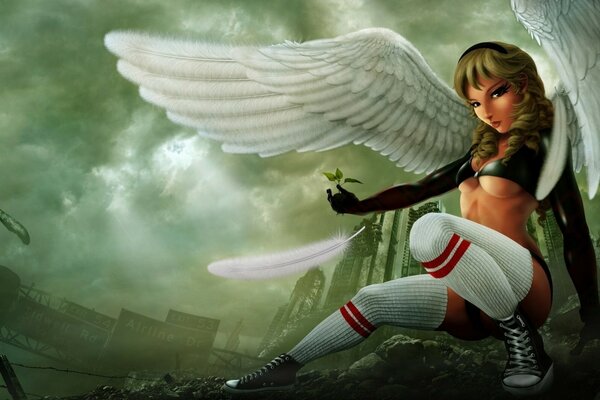 La fille de l ange, chaussé de baskets, déploya ses ailes et une plume tomba d eux