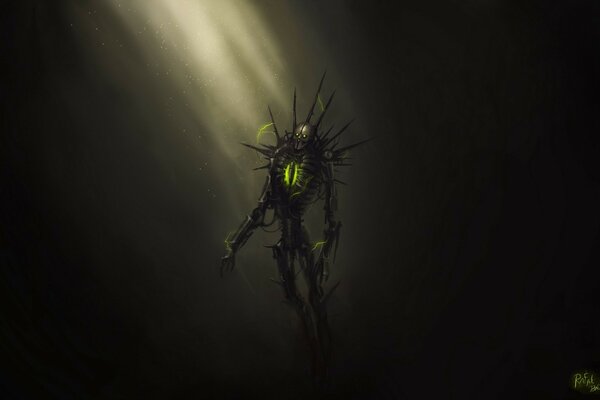 Necron from warhammer 40k in a beam of light