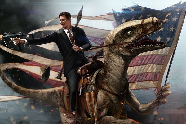 Ronald Reagan on with a flag on a velociraptor