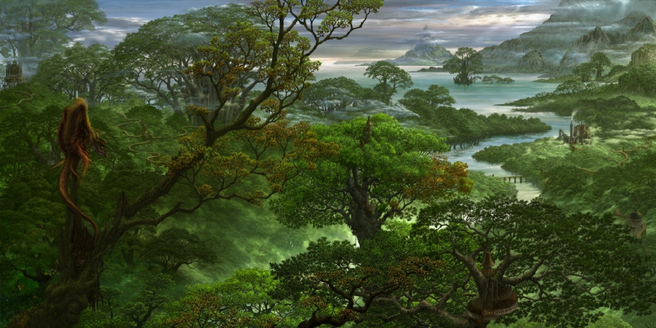 ucchiey kazamasa uchio fiume alberi nebbia foresta arte foschia drago montagne