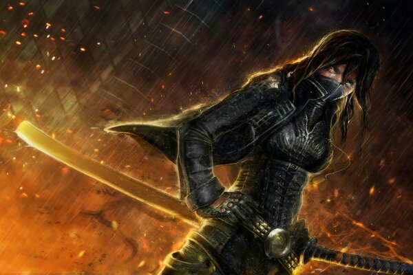 A girl with a katana on fire in the rain