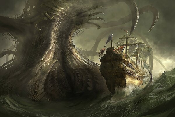 A ship at sea. Meeting with a monster