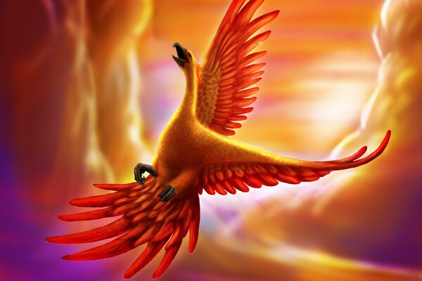 Phoenix bird on the background of yellow clouds