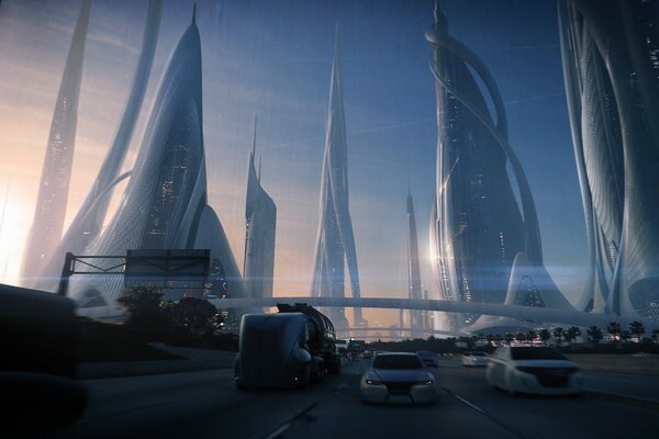 Voitures sur les routes de la ville du futur