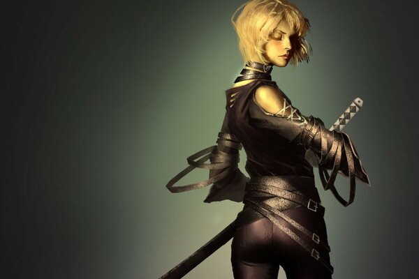 A girl with blonde hair and a katana