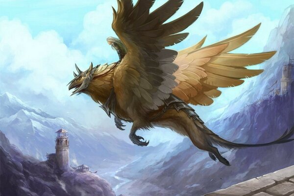 Griffin on the background of the sky and the tower