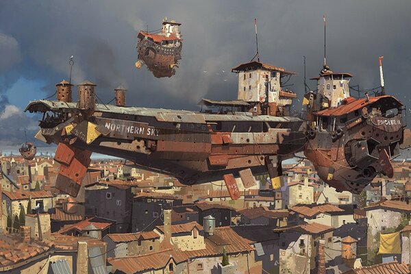 City. Flying houses and ships in the sky