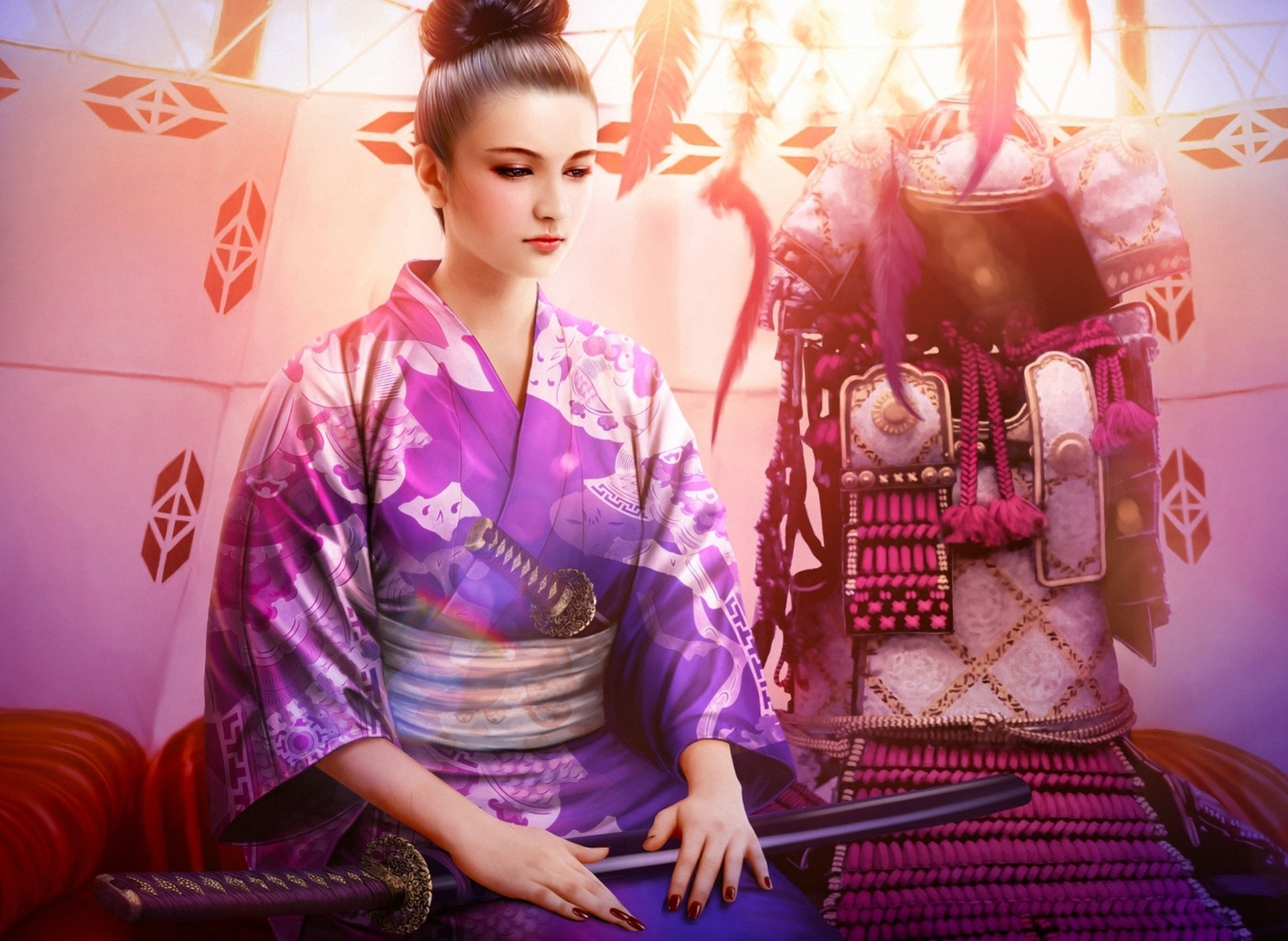 arte ragazza kimono spada armatura katana