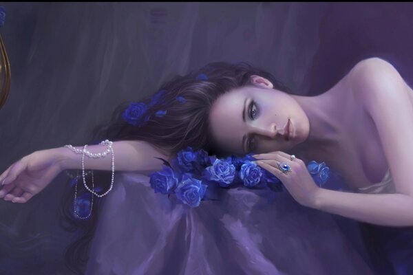 The girl with the blue roses . There is a blue bird in a cage