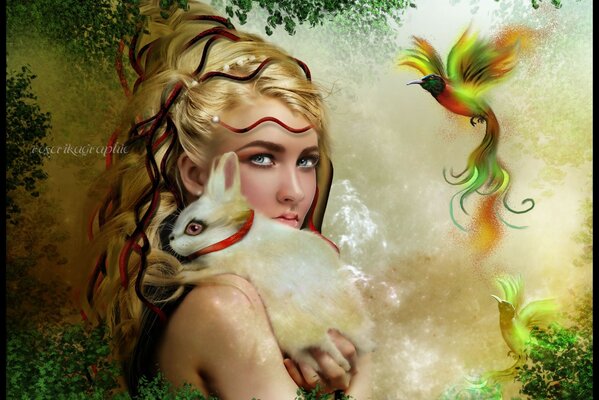 A fantastic fairy with a rabbit in her hands