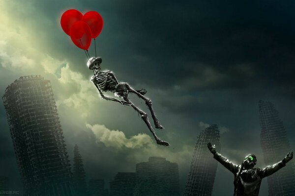 Skeleton and balloons in the middle of the apocalypse