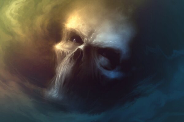 The image of a skull with fangs in smoke