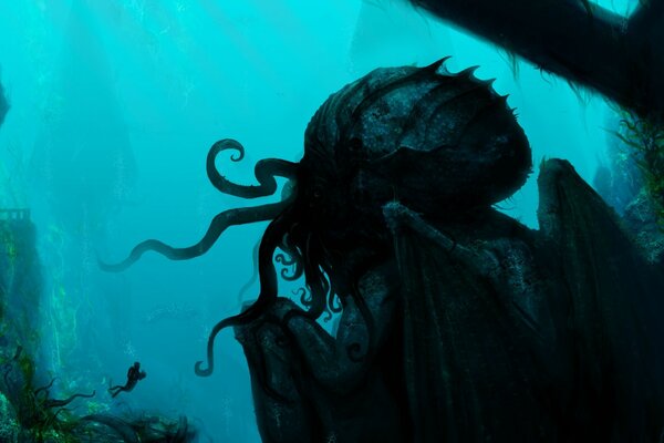Tentacles of the monster under the water among the rocks