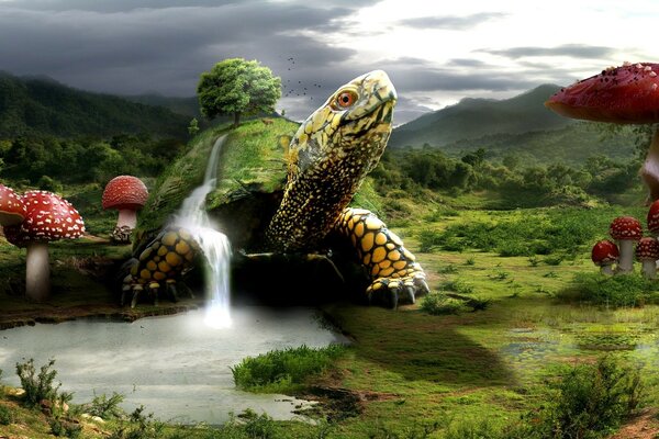A waterfall pours through the turtle shell. 3d picture