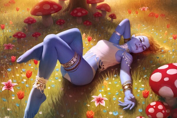 Niebieska dziewczyna leży wśród kwiatów i muchomorów