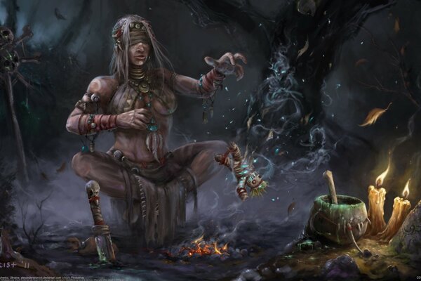 Shaman conjures sitting by the fire
