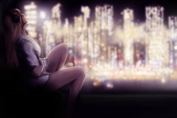 The girl on the window with a view of the night city art