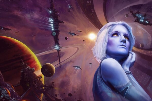 Purple girl looks into the distance behind the space of the planet, a spaceship