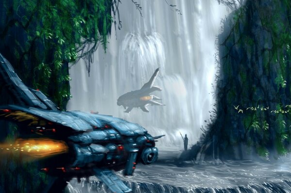 A spaceship on the background of a waterfall