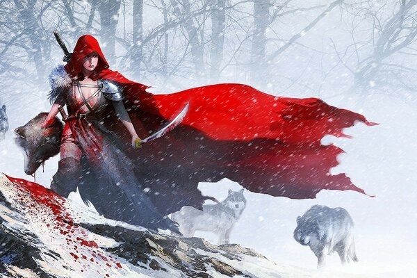 Little Red Riding Hood with a sword is walking through the forest