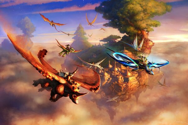 Flight of tamed dragons in the sky