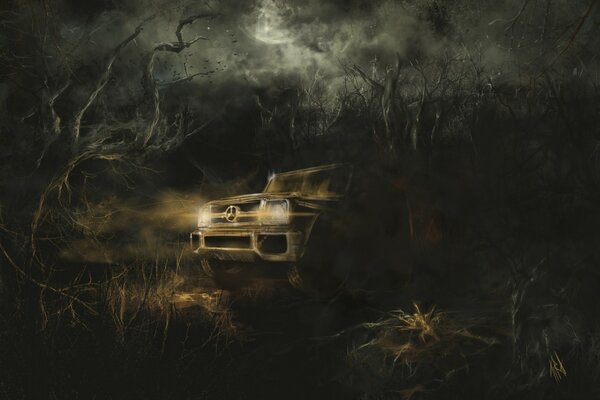 Art car in a gloomy forest at night