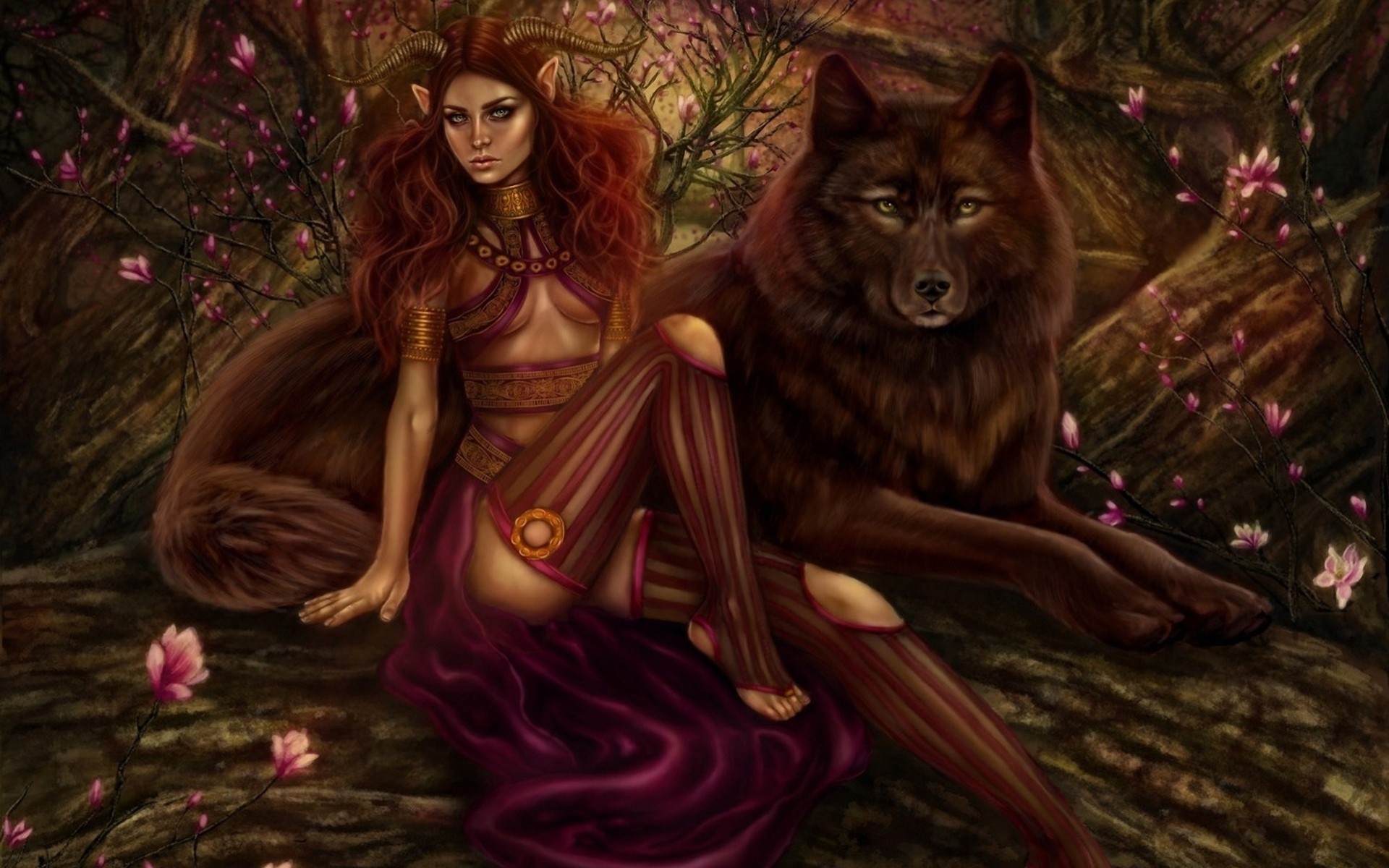 arte chica demonio lobo bosque cuernos rojo