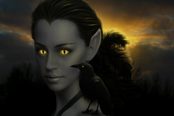 Art girl with a raven and yellow eyes